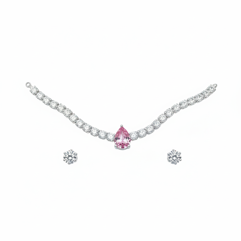 Danecraft Set De Gargantilla Y Zarcillos Pink Cubic Zirconia