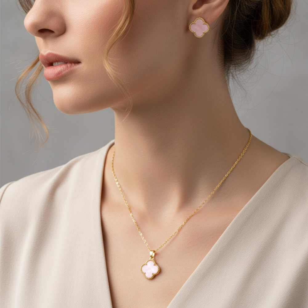 Element Of Love Set De Collar Y Zarcillos Trebol Pink