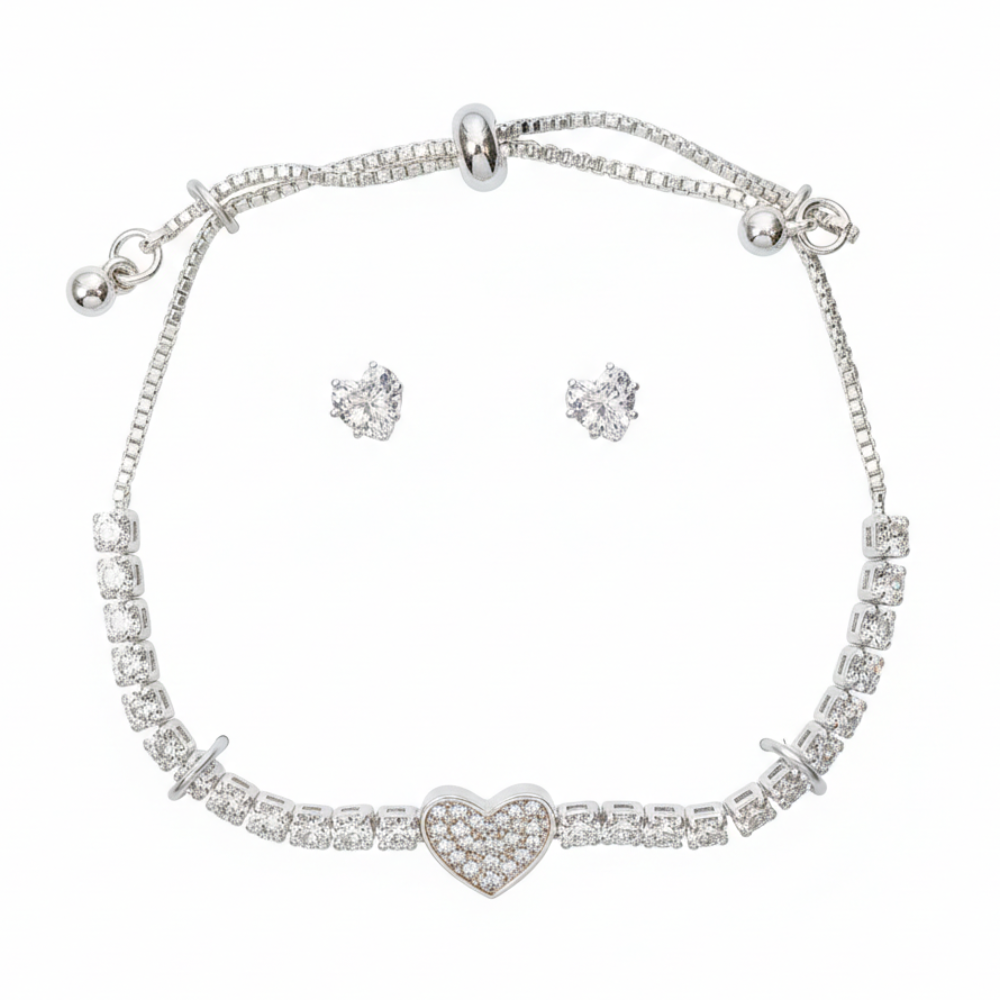 Danecraft Set De Pulsera Y Zarcillos Corazon Cubic Zirconia