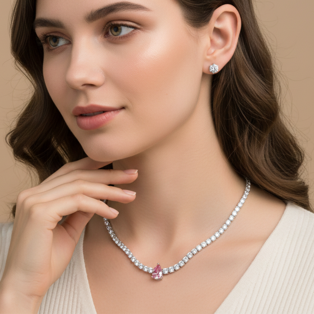 Danecraft Set De Gargantilla Y Zarcillos Pink Cubic Zirconia