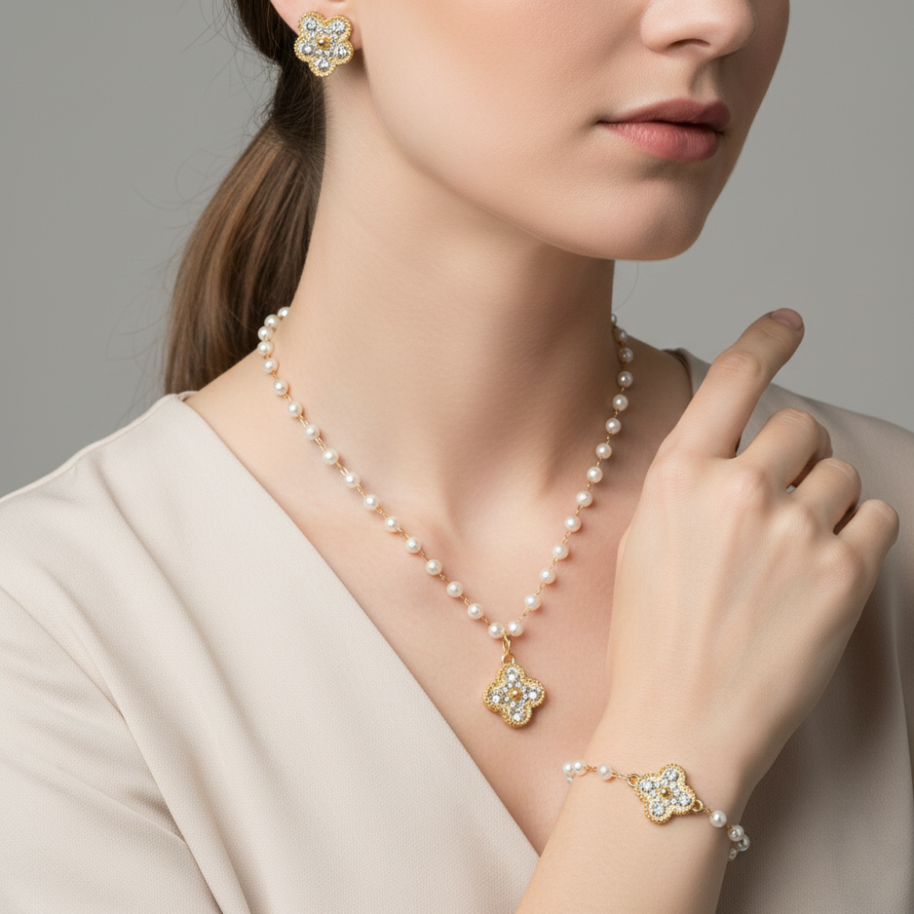 Nicole Miller Set De Collar Y Zarcillos Gold & Perlas