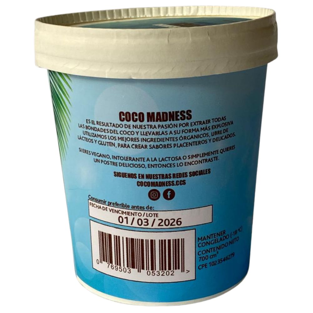 Coco Madness Helado Cremoso de Coco Sin Azúcar Envase 700ml