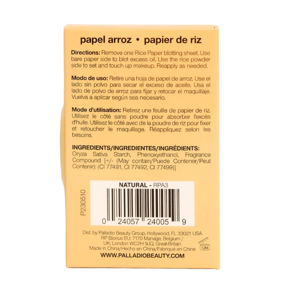 Palladio Rice Paper Oil-Absorbing Blotting Tissues With Rice Powder Natural 10gr 40 Hojas