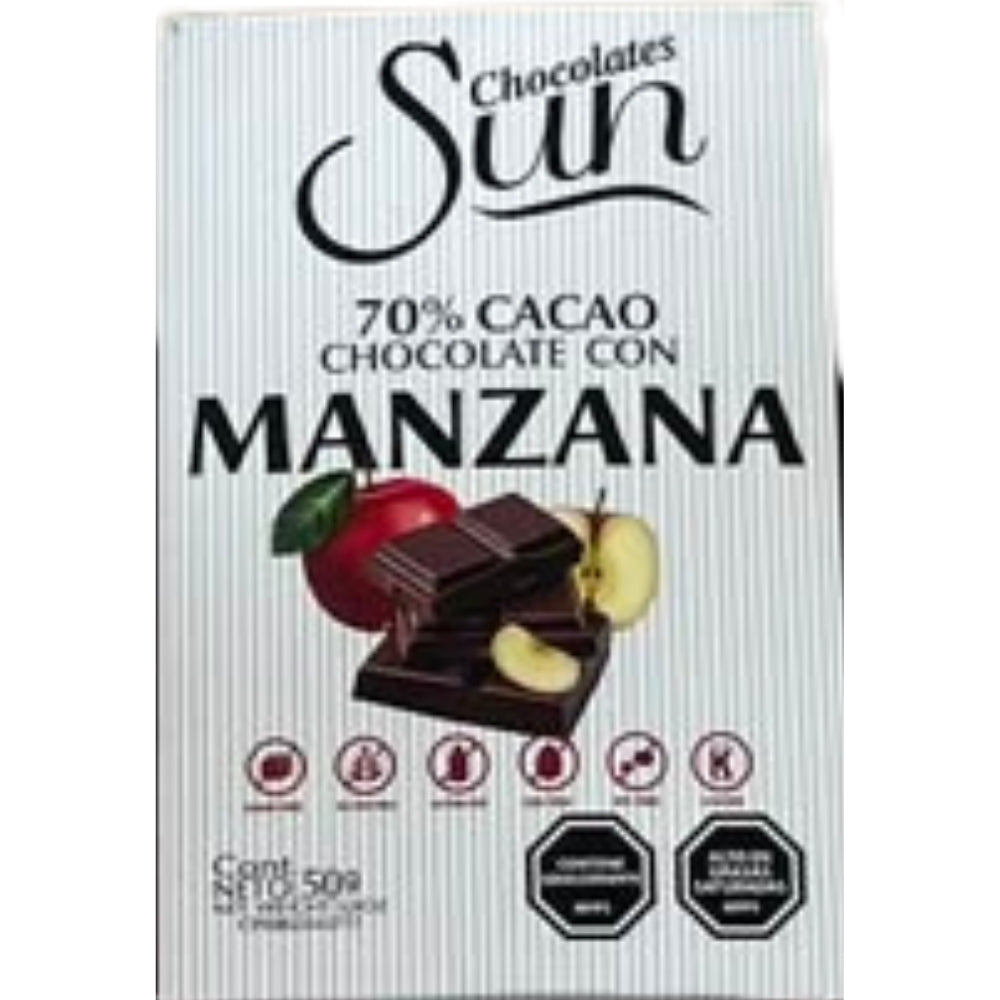 Chocolate Sun Chocolate Venezolano 70% Cacao Manzana Orgánico y Saludable 50gr