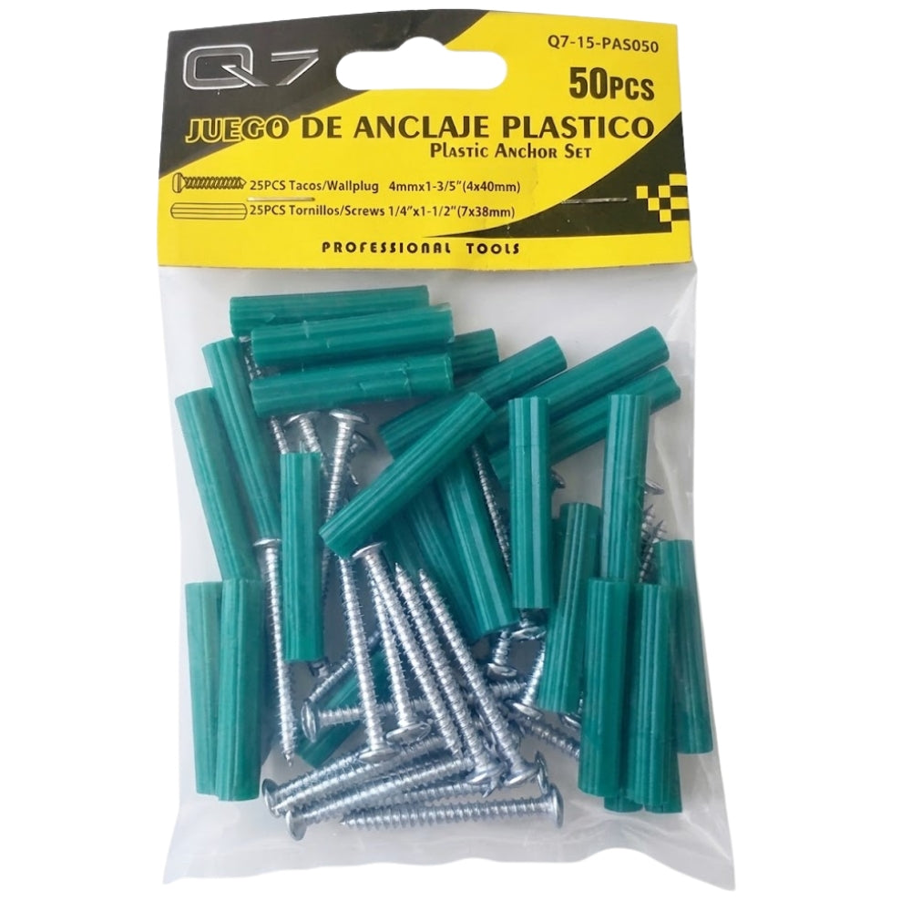 Q7 Juego de Anclaje Plastico 25 Tornillos 1/4"x1-1/2" (7x38mm) y 25 Tacos 4mmx1-3/5" (4x40mm)
