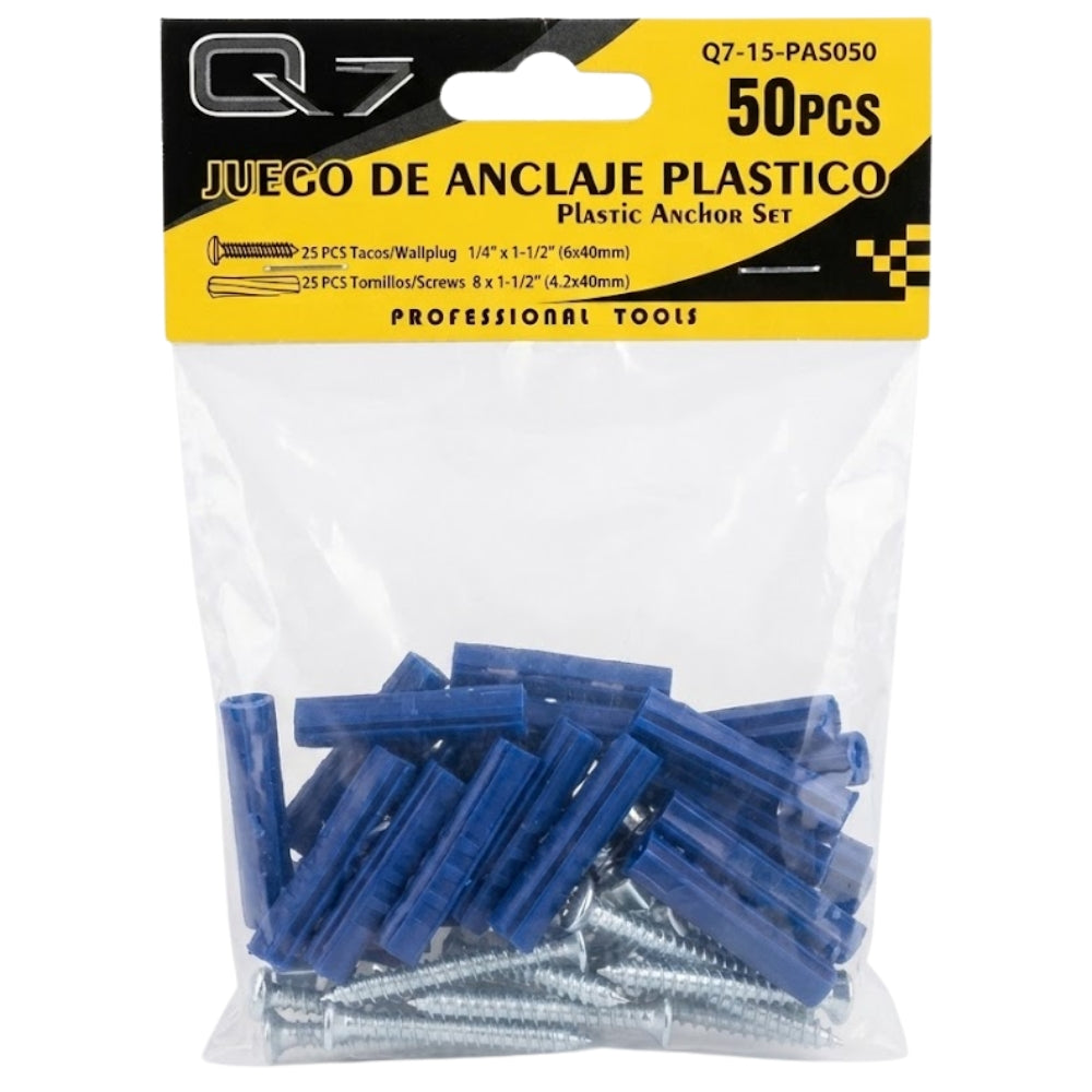 Q7 Juego de Anclaje Plastico 25 Tornillos 5/16"x1-1/2" (8x38mm) y 25 Tacos 5mmx1-3/5" (5x40mm)