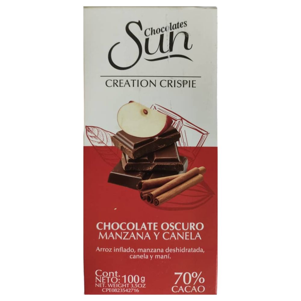 Chocolate Sun Creation Crispie Choco Oscuro Manzana y Canela 70% Cacao 100gr