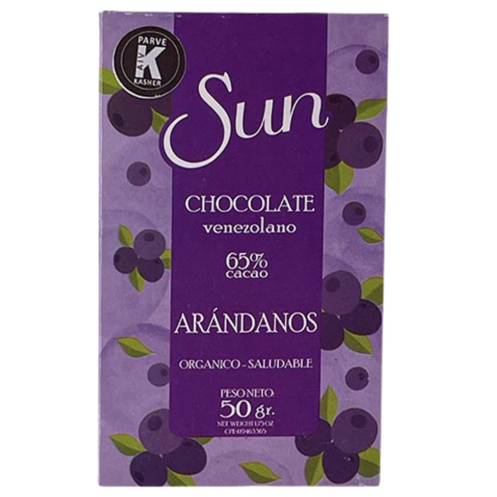 Chocolate Sun Chocolate Venezolano 65% Cacao Arandanos Orgánico y Saludable 50gr