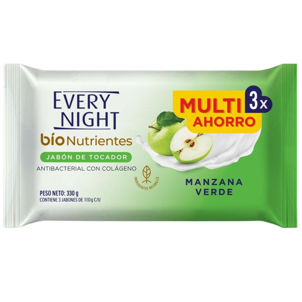 Every Night Jabón De Tocador Antibacterial Con Colágeno Manzana Verde Tripack 110gr C/U