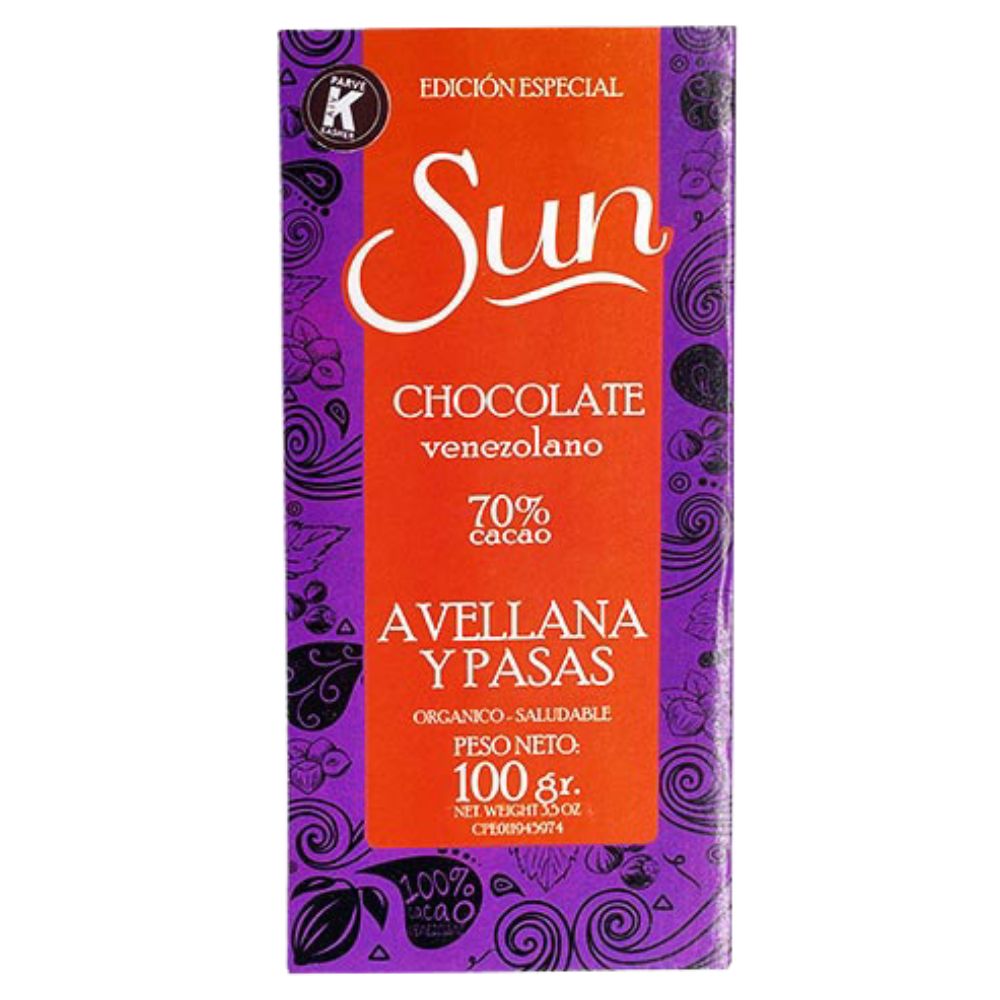 Chocolate Sun Edicion Especial Chocolate Venezolano 70% Cacao Avellana y Pasas 100gr