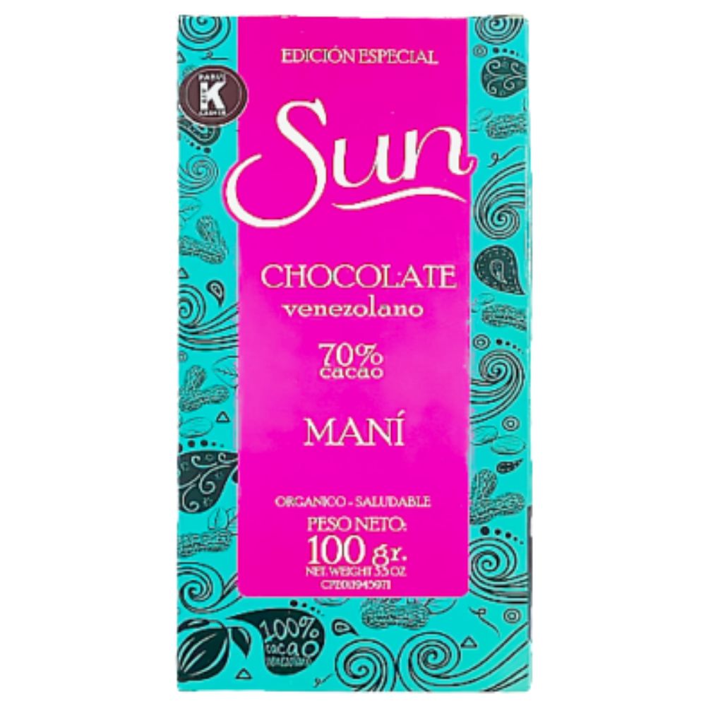 Chocolate Sun Edicion Especial Chocolate Venezolano 70% Cacao Mani 100gr