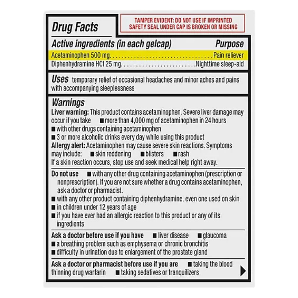 Acetaminophen PM 500mg Members Mark 375 capsulas