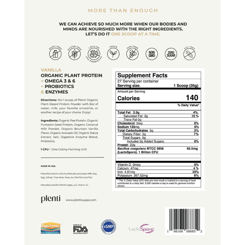 Plenti Proteina Vegetal Organica Sabor a Vainilla 27 Porciones