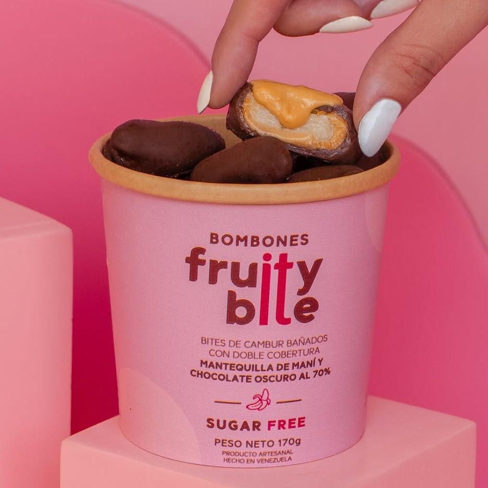 Fruity Bites Sugar Free Bites de Cambur Bañados con Doble Cobertura Mantequilla de Mani y Chocolate Oscuro al 70% 170gr