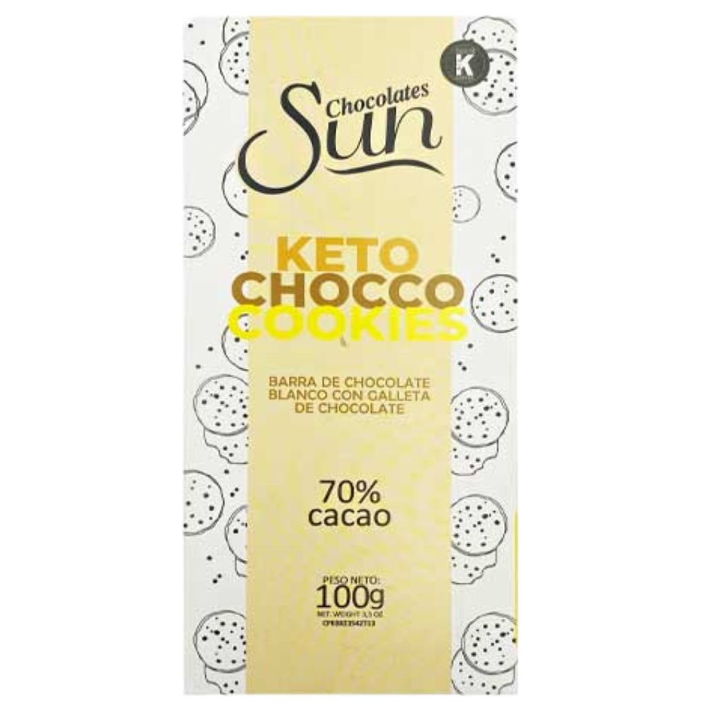 Chocolate Sun Keto Choco Cookies Barra de Chocolate Blanco con Galleta de Chocolate 100gr