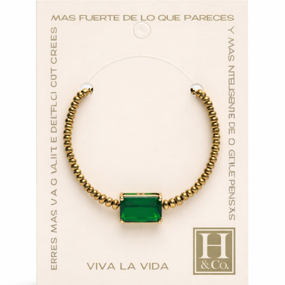 H&Co Pulsera Ajustable Para Damas de Hematita con Dije Green