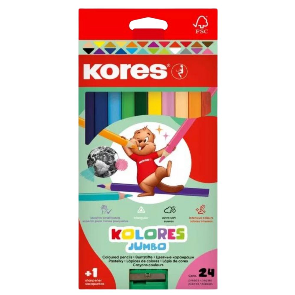 Kores Lapices De Colores Jumbo Triangulares 24 Und + 1 Sacapuntas