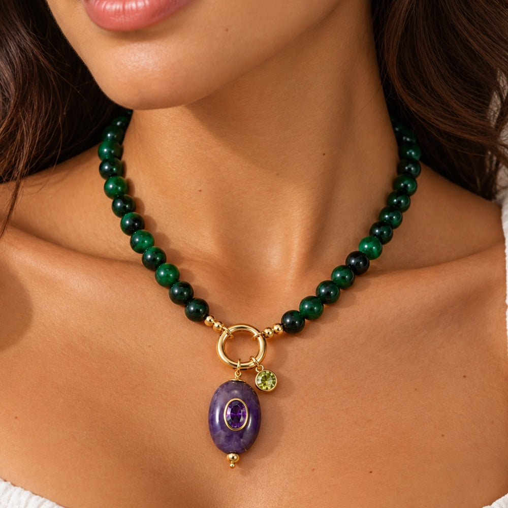 H&Co Collar Ajustable Para Damas Zion Amatista y Jade Verde