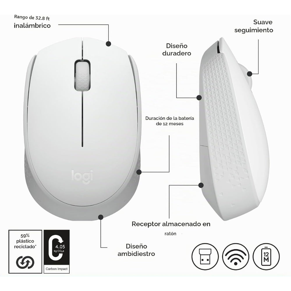 Logitech Mouse Inalámbrico M170 2.4 GHz Compacto y Ambidiestro Color Blanco Crema
