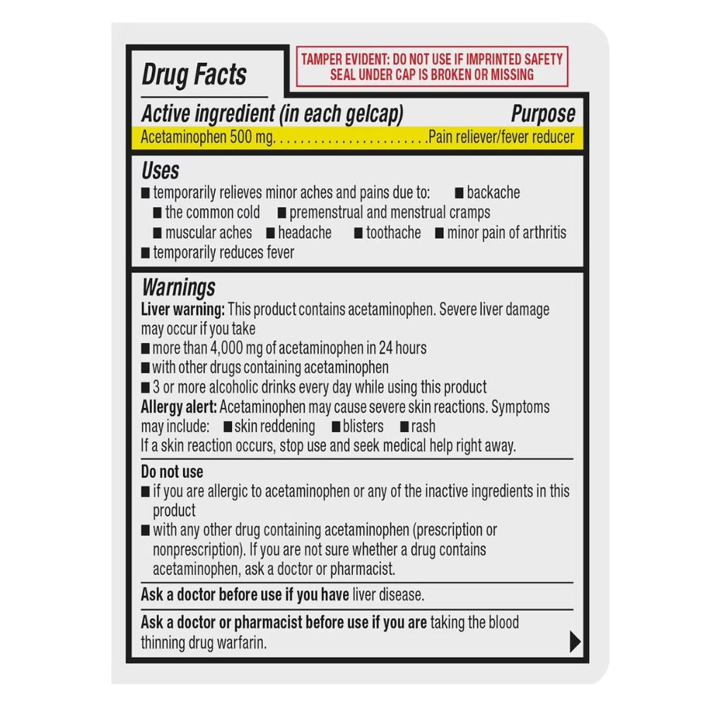 Acetaminophen 500mg Members Mark Rapid Release 400 capsulas