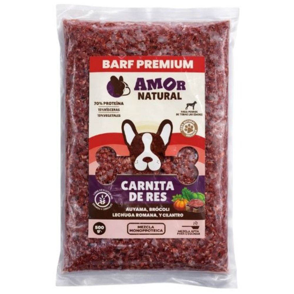 Amor Natural Barf Premium Para Perros Carnita De Res & Auyama 500gr
