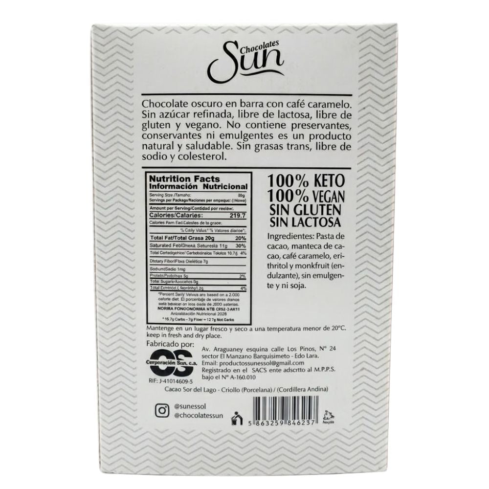 Chocolate Sun Oscuro 70% Cacao Cafe Caramelo 50g