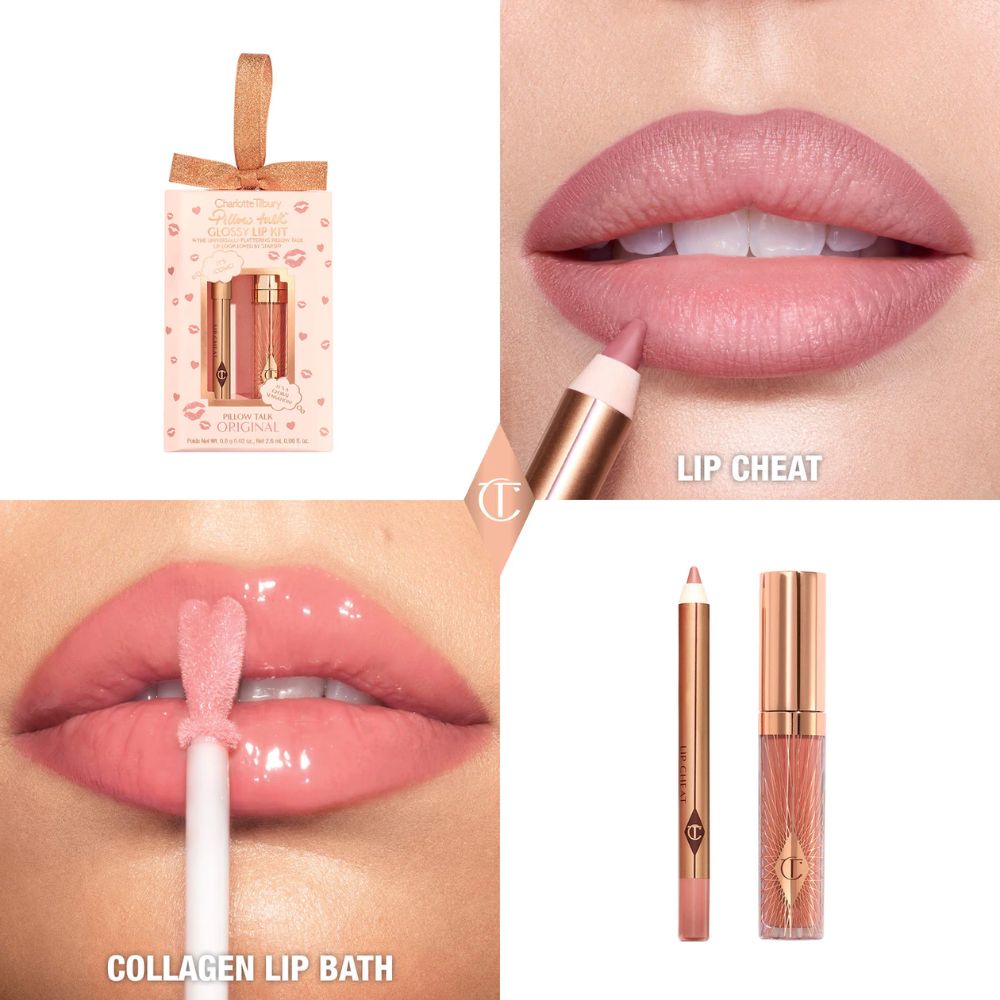 Charlotte Tilbury Pillow Talk Original Glossy Lip Kit Mini Pillow Lip Cheat + Mini Collagen Lip Bath