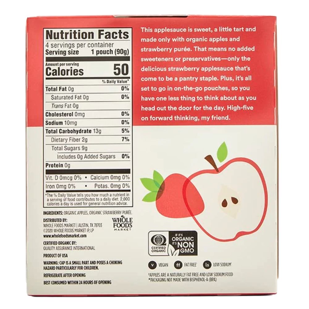 365 Whole Food Market Organic Strawberry Applesauce Unsweetened 4 Und