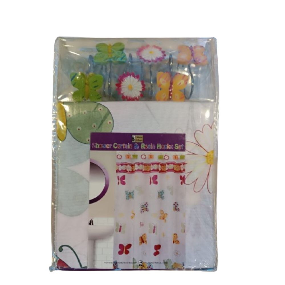 Cortina Para Ducha Shower Curtain & Resin Hooks Set 70" x 72" Mariposas