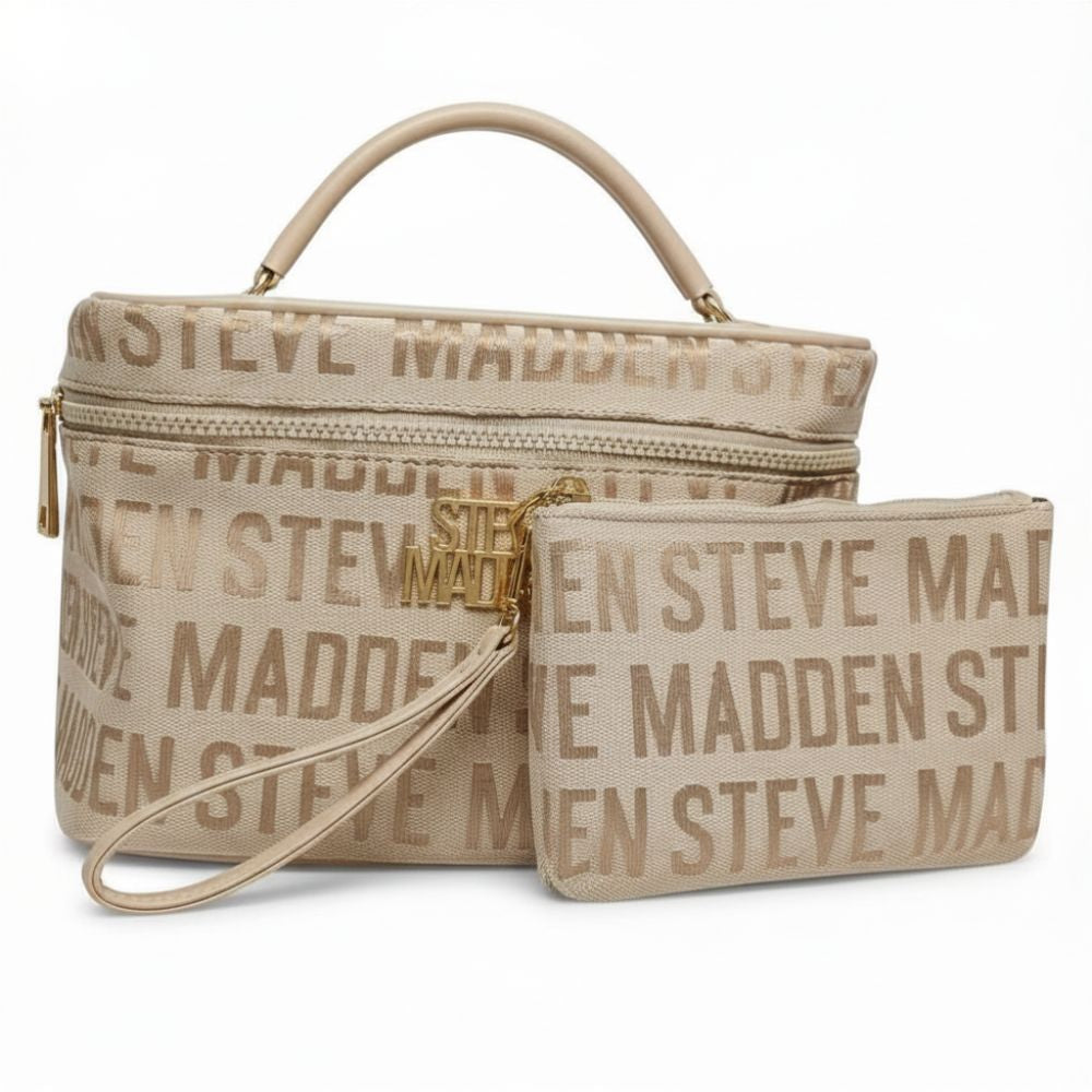 Steve Madden Cosmetiquera Case With Hangoff Logo Jacquard Tan