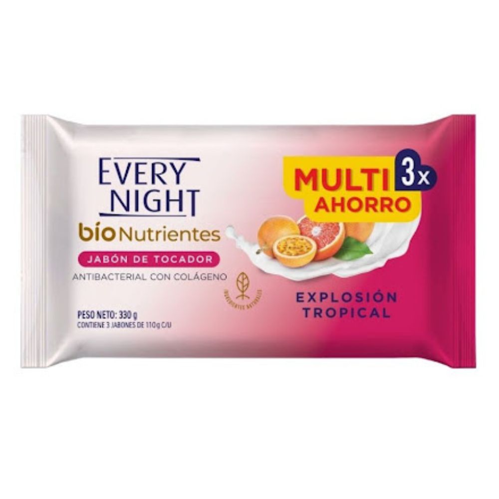 Every Night Jabón De Tocador Antibacterial Con Colágeno Explosion Tropical Tripack 110gr C/U