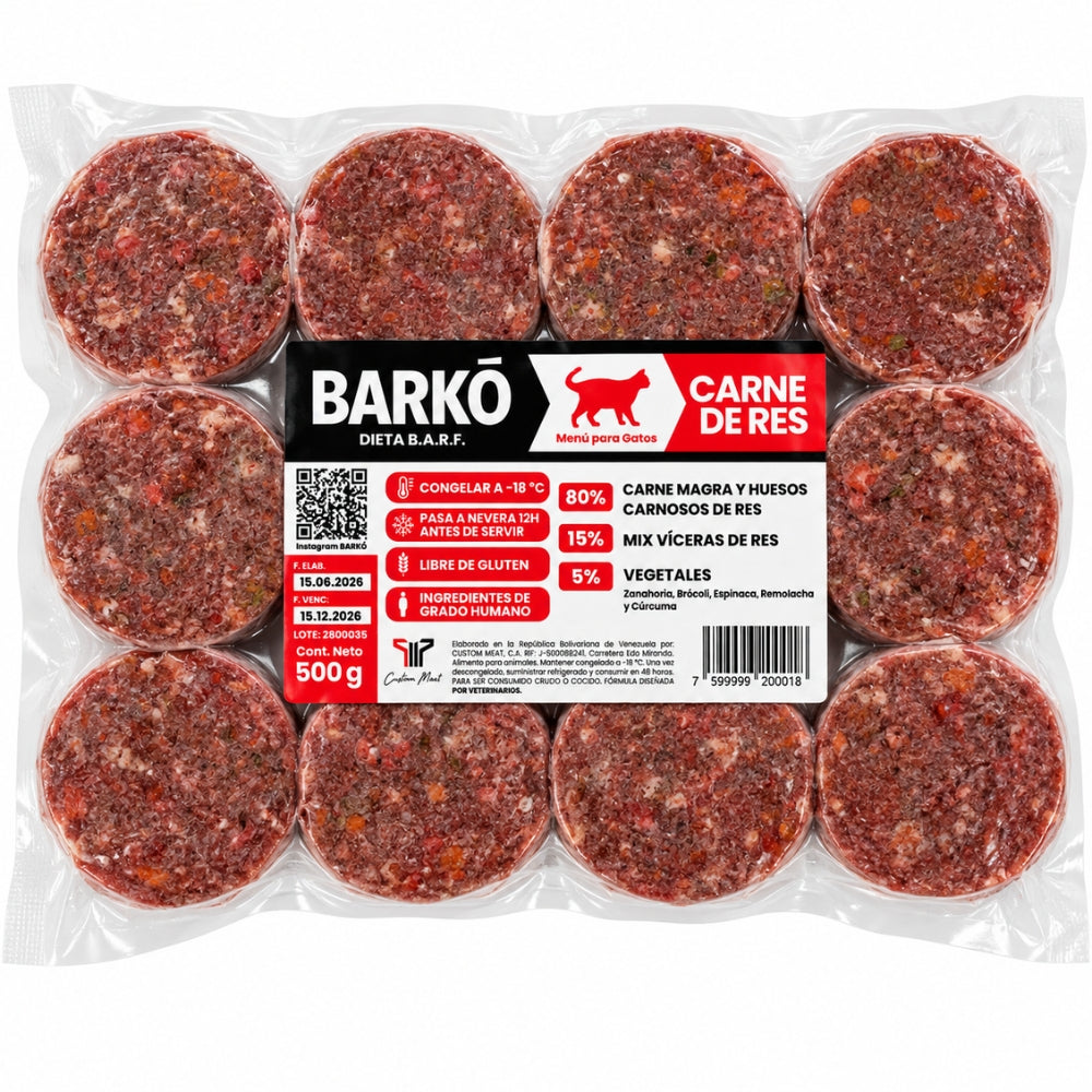 Barko Alimentacion Barf para Gatos Sabor Carne de Res 12 Porciones de 65gr