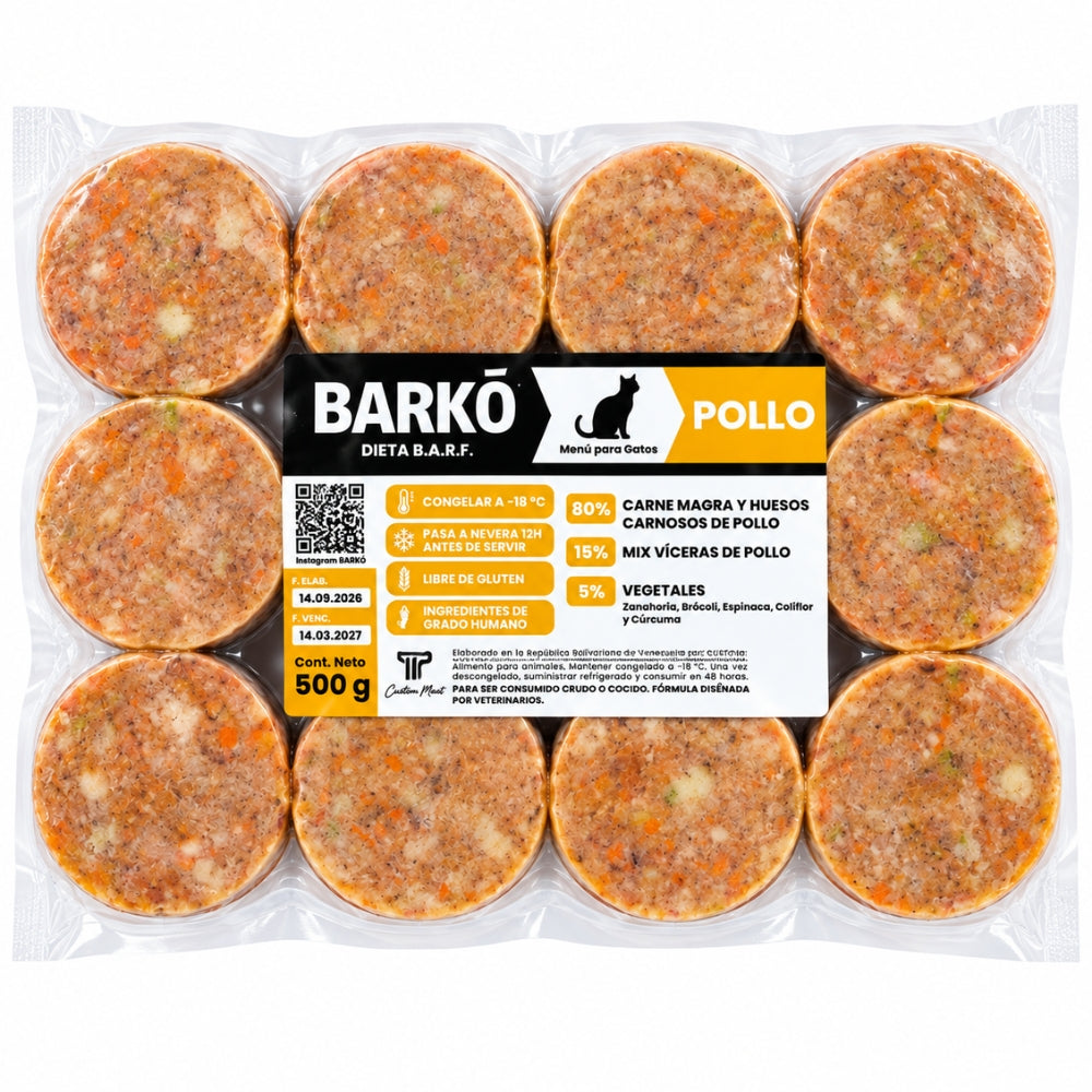 Barko Alimentacion Barf para Gatos Sabor Pollo 12 Porciones de 65gr