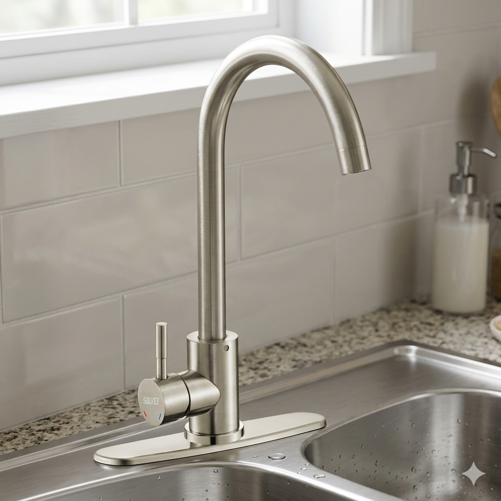 Solvex Smart Grifería Satinada Monomando Para Fregadero Cuello Cisne Con Flange Acero Inoxidable de 10" 39cm