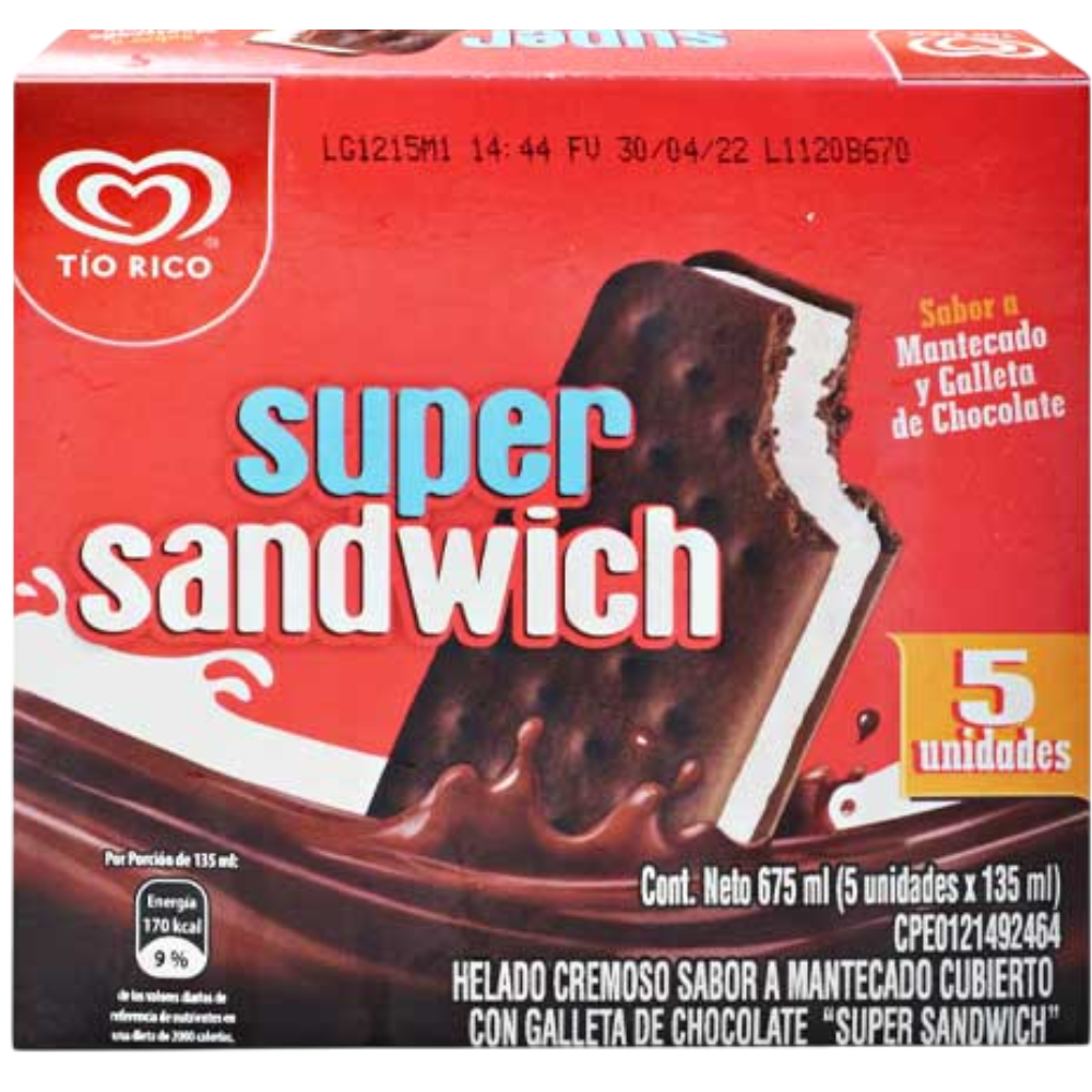 Helados Tio Rico Super Sandwich Pack 5 de Unidades
