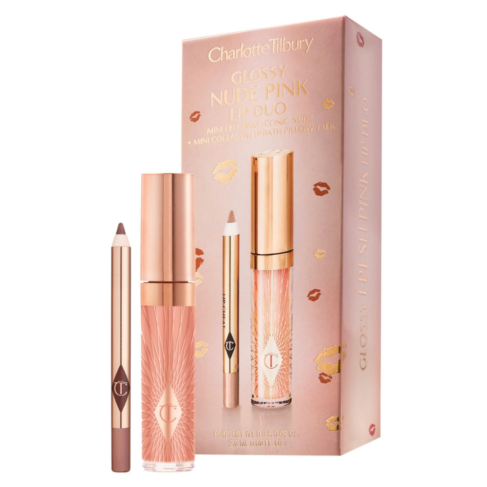 Charlotte Tilbury Glossy Nude Pink Lip Duo Iconic Nude Mini Lip Cheat + Mini Collagen Lip Bath Pillow Talk