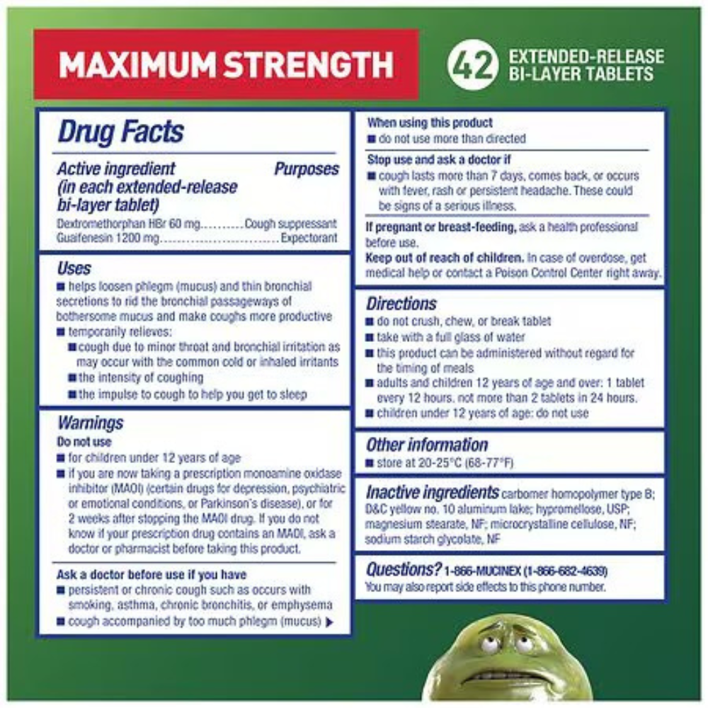 Mucinex DM Expectorant & Cold Suppressant 1200 mg Guaifenisin & 60 mg Dextromethorphan 42 Tabletas