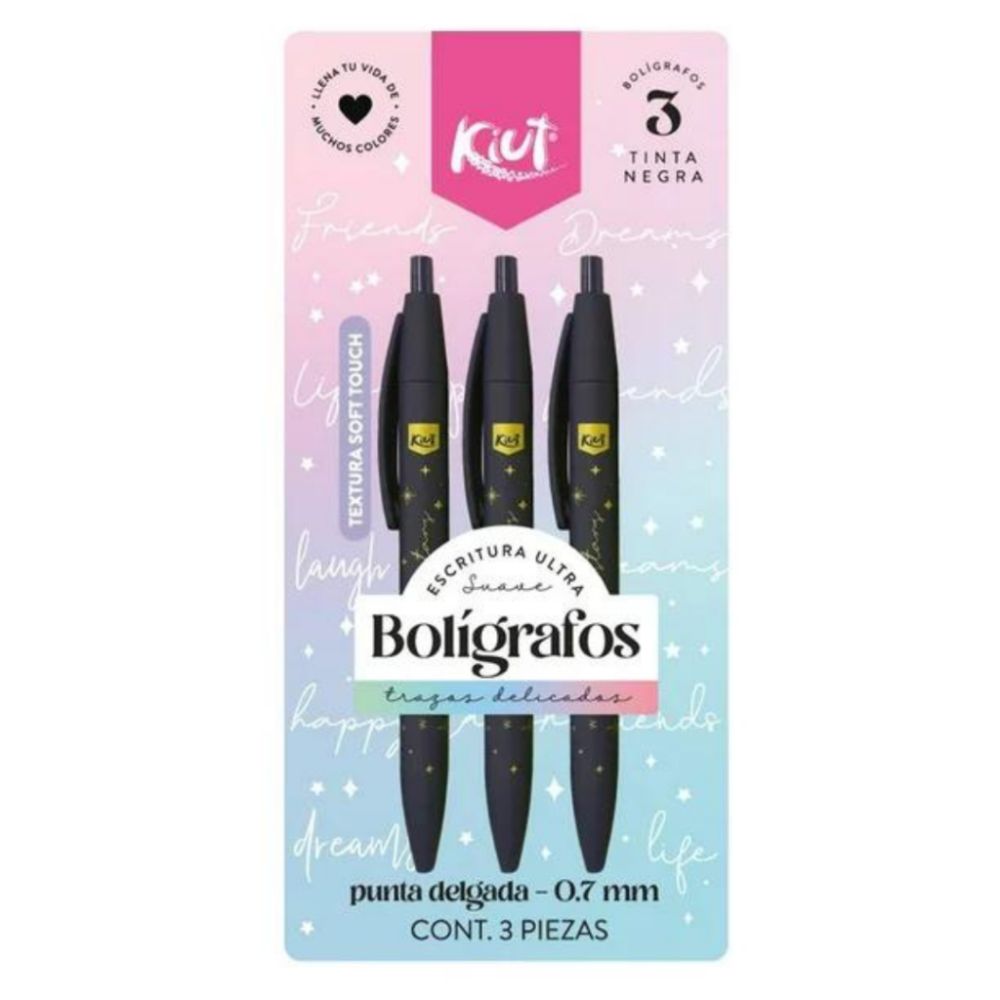 Kiut Boligrafos Negros Escritura Ultra Suave Punta Delgada 0,7 Milimetro 3 Unidades
