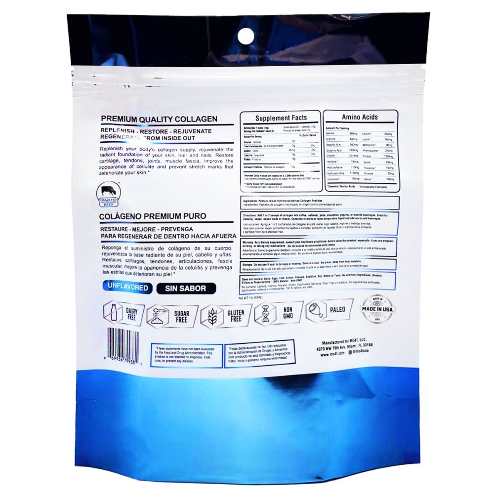 MO4T Péptidos De Colágeno Hidrolizado Formato Pouch 90 Servicios 907gr 2 Lb