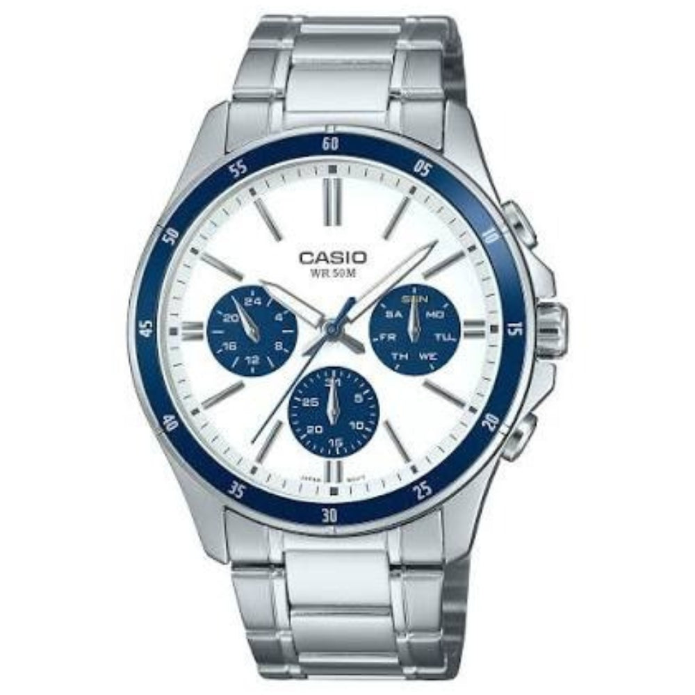 Casio Reloj Casual Correa De Acero Inoxidable Para Caballeros White & Blue
