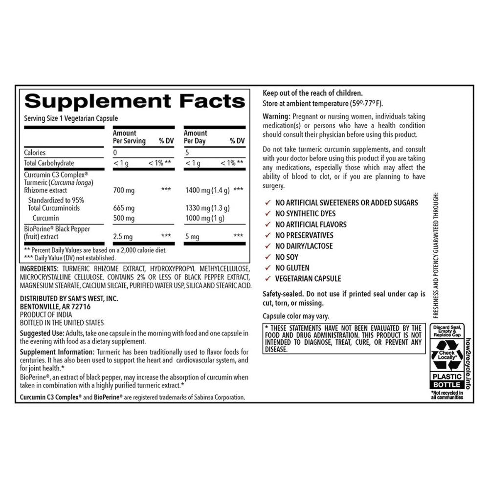Member's Mark Turmeric Extract 1400mg 180 Vegetarian Capsules