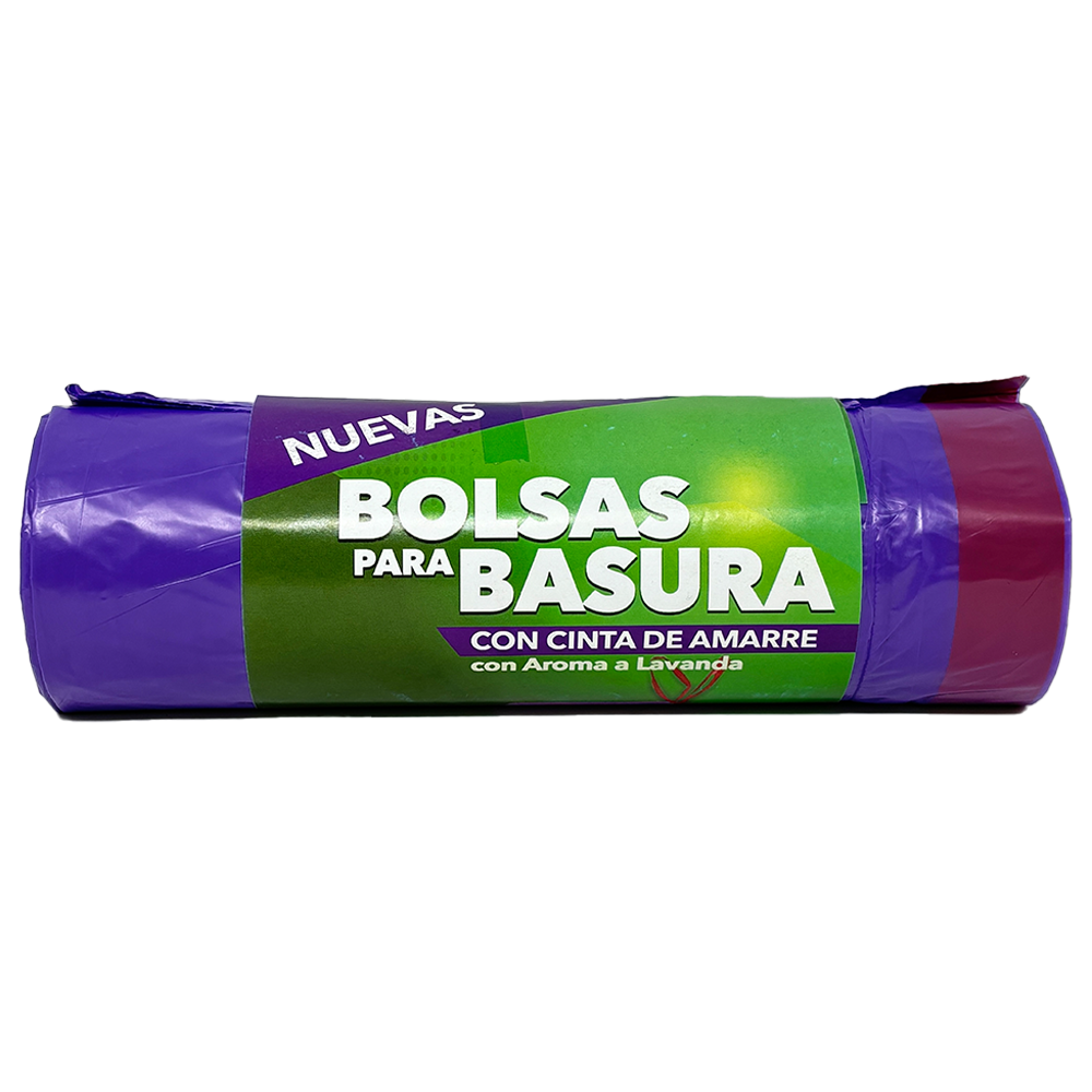 Rollo de 20 Bolsas para Basura con Cinta de Amarre de 60 Litros Color Morado con Aroma Lavanda