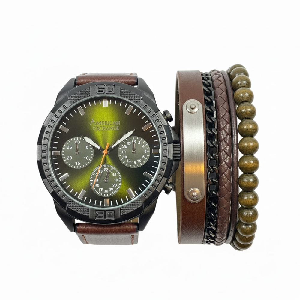 American Exchange Reloj Para Caballeros+Set De Pulseras Brown