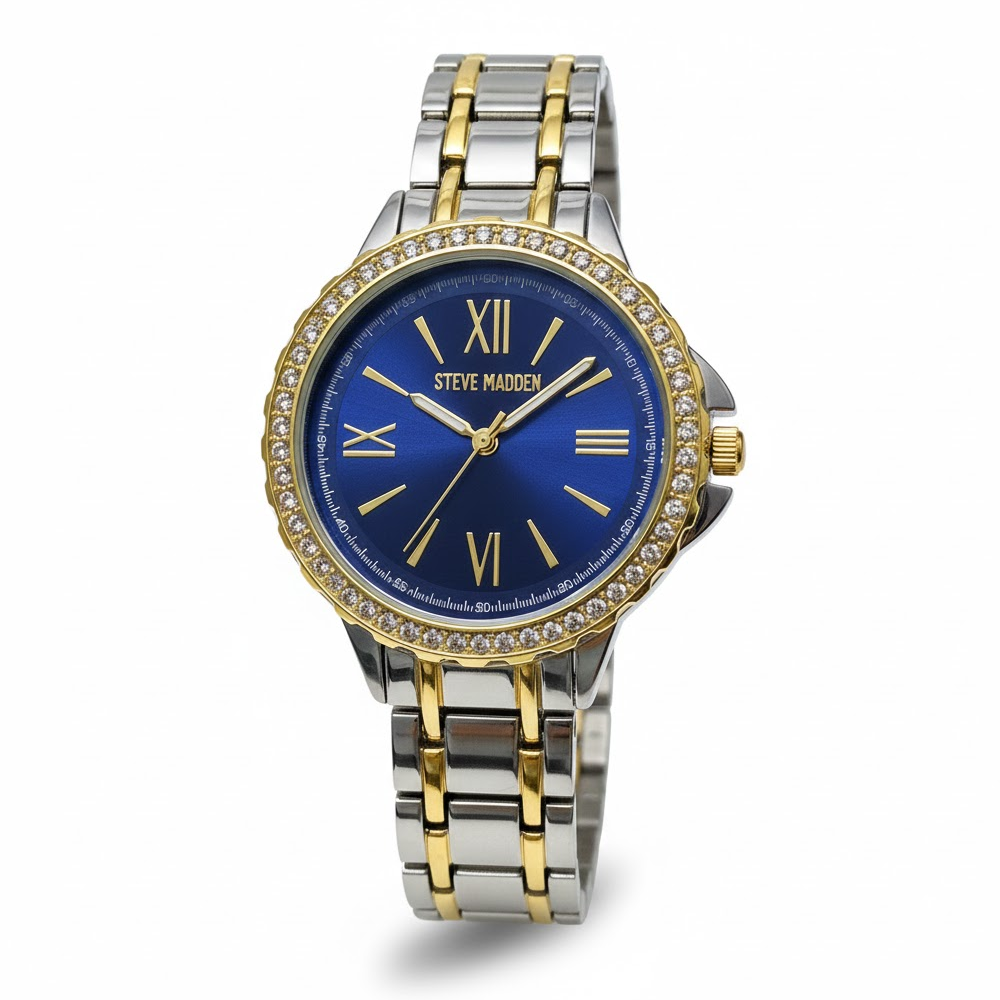 Steve Madden Reloj Golden Blue Zirconia Para Damas