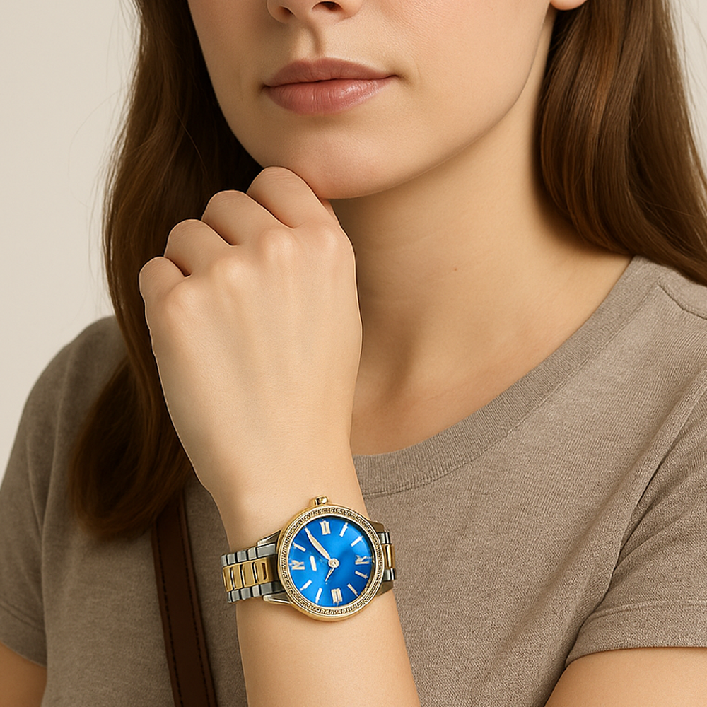 Steve Madden Reloj Golden Blue Zirconia Para Damas