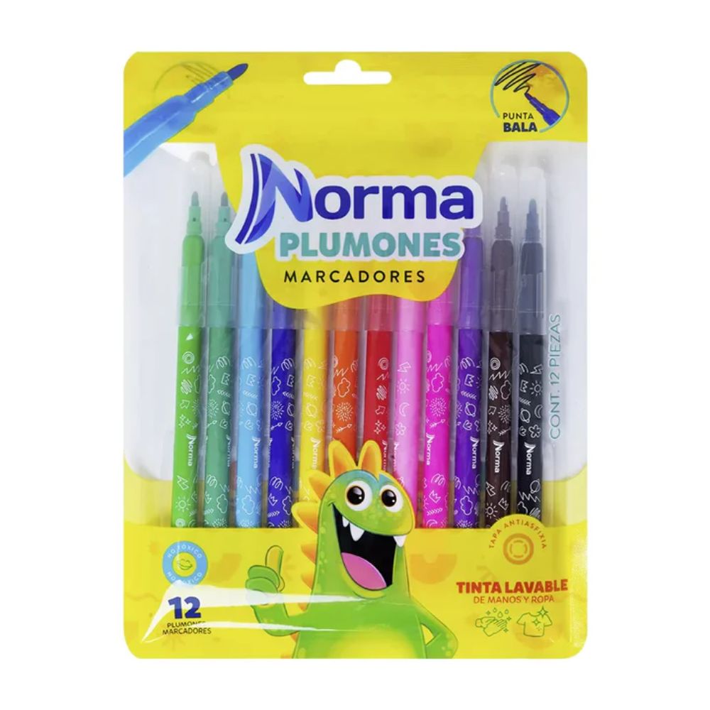 Norma Marcadores Plumones Punta Bala Lavables 12 Und