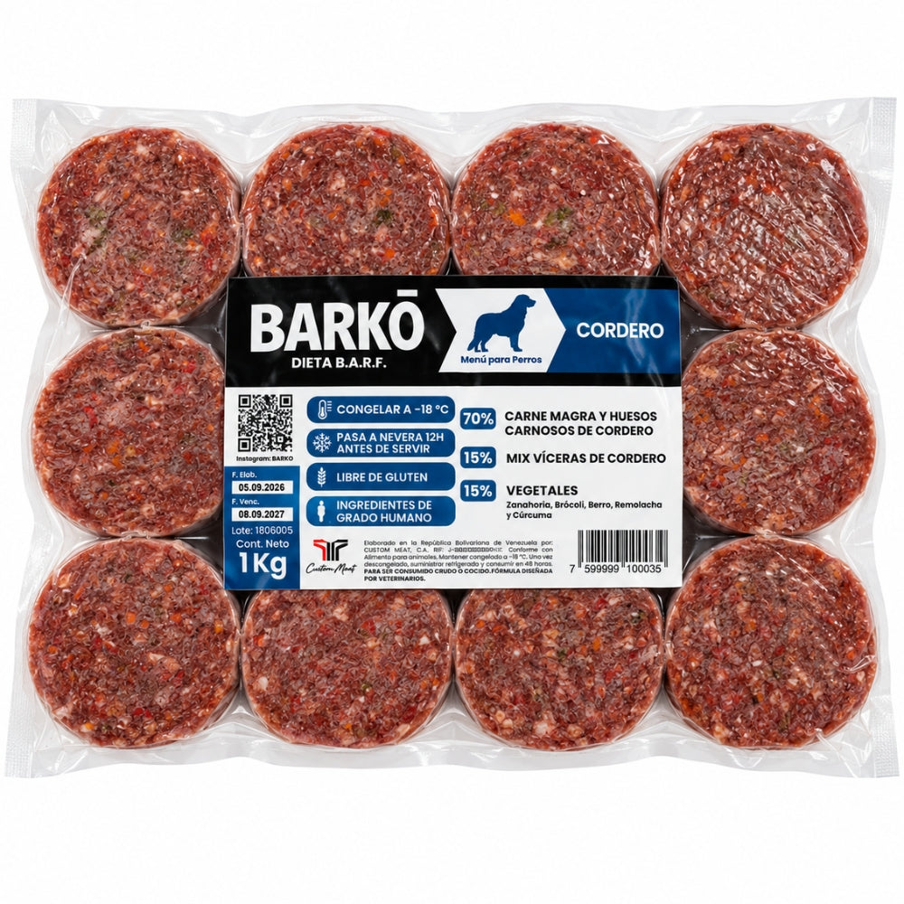 Barko Alimentacion Barf para Perros Sabor Cordero 12 Porciones de 85gr