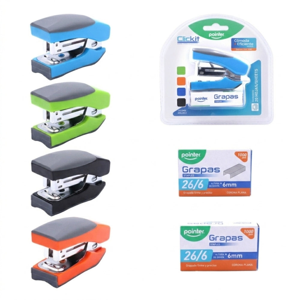 Pointer Set De Mini Grapadora Clickit Con Repuesto 1 Und 1000 Grapas 26/6