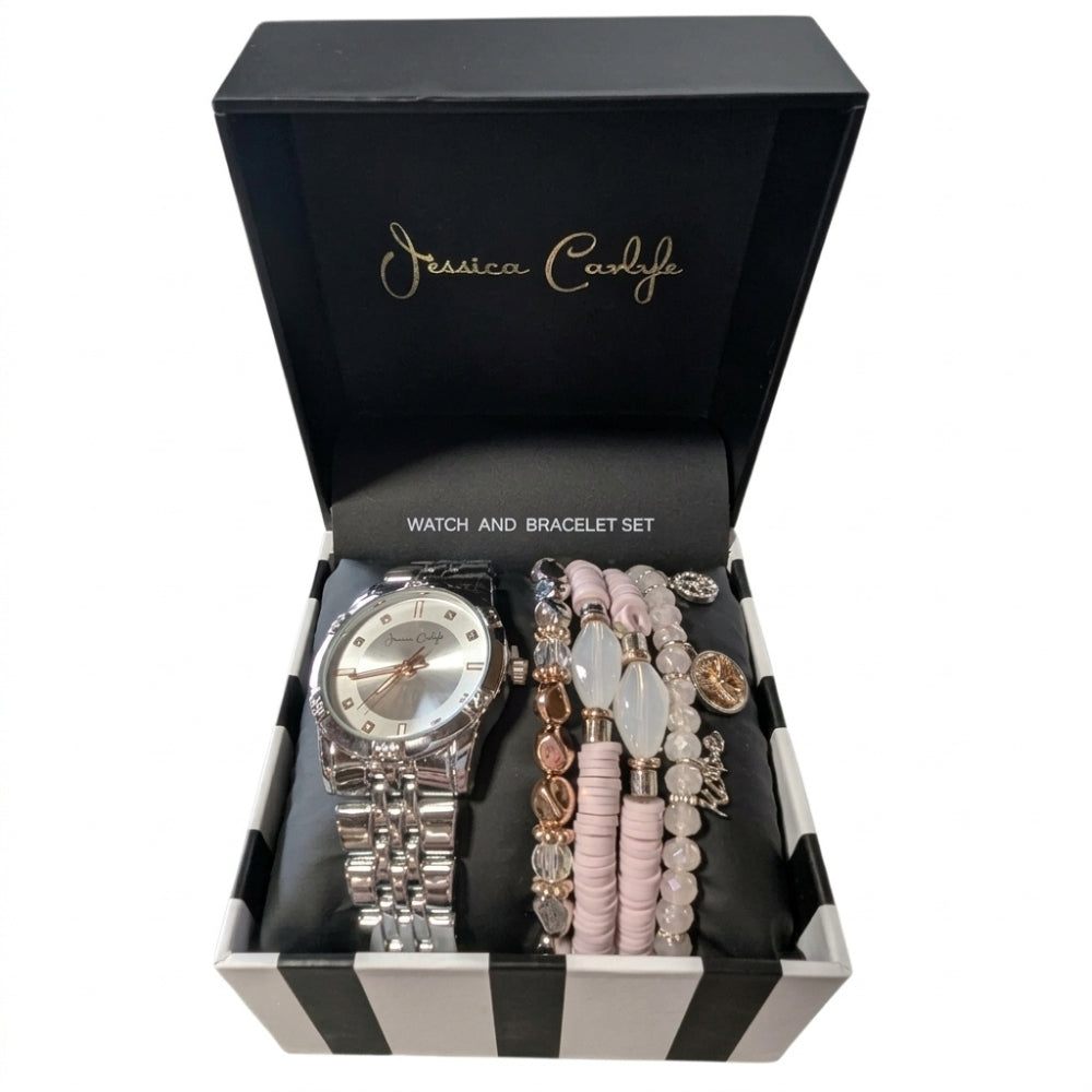 Jessica Carlyle Set De Reloj y Pulseras Pink Correa De Acero Silver