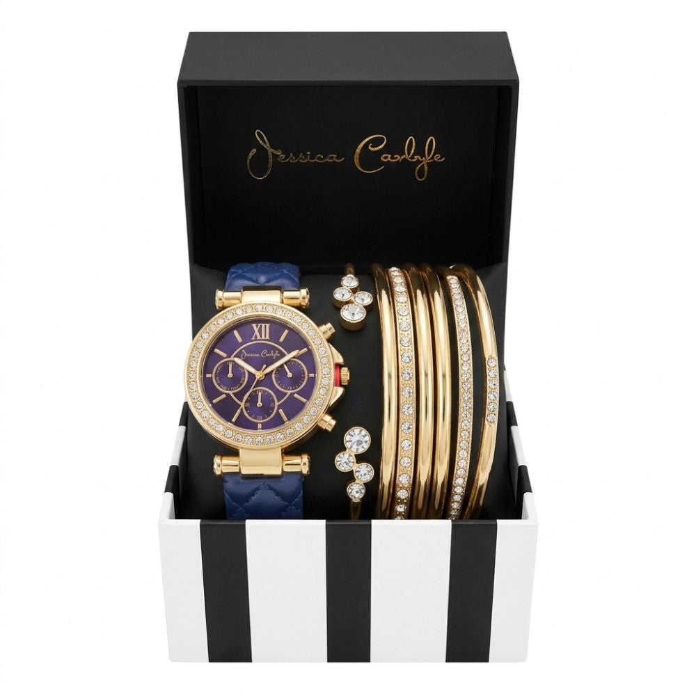 Jessica Carlyle Set De Reloj y Pulseras Gold Correa De Cuero Blue